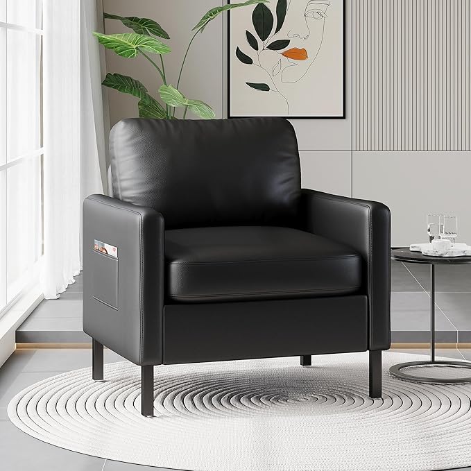 STHOUYN Black Faux Leather Accent Chair with Arms Modern Small Accent Office Chair Waiting Room Chairs for Living Room Bedroom with Metal Legs (1 Black)