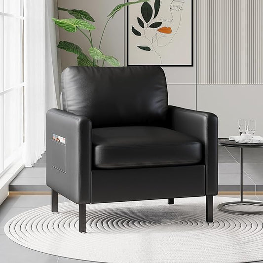 STHOUYN Black Faux Leather Accent Chair with Arms Modern Small Accent Office Chair Waiting Room Chairs for Living Room Bedroom with Metal Legs (1 Black)