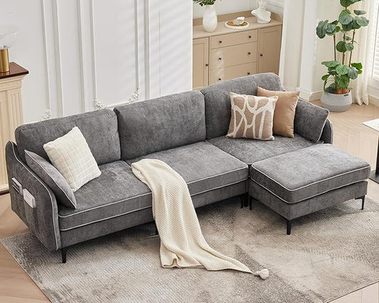 LSSBOUGHT 110 Sectional SofaL Shaped Sofa with Movable Ottoman Chenille Fabric 3 Seat Modern Couches for Living Room Apartment and Small Space (Gray)