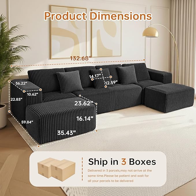 132 Cloud U-Shaped Sectional SofaModular Boneless Couch with OttomanCorduroy 4-Seater Couch for Living RoomNo Assembly RequiredDeep SeatPlush Cushion Back (Black)