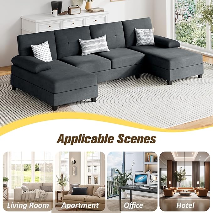 JY QAQA Sectional Couche with Soft Cushion U-Shaped Sofa with Double Chaise 4-Seat Linen Fabric Sofa Sets for Living Room Apartment Black