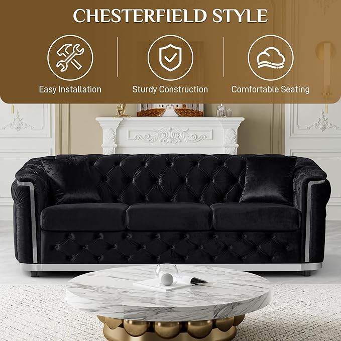 Velvet Couch Black and Silver Sofa Luxury Loveseat 84.6 Mid Century Modern Chesterfield Sofa Couch for Living Room Tufted Sofas with 2 Pillows &amp Classic Golden Decor Black