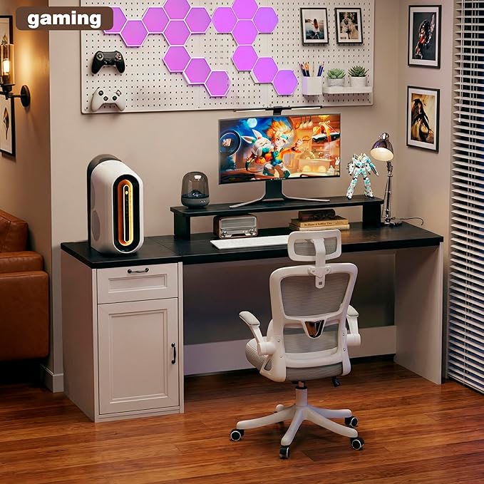 63 Farmhouse Executive Desk with Drawers Modern Computer Desk with Power Outlets Office Writing Desk with Monitor Stand &amp Storage Cabinet Printer Shelf Antique White