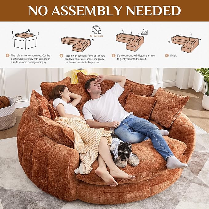 81 Round Sofa Bed Big Bean Bag Round Chaise Lounge Oversized Round Couch Boneless Reading Chair Plush Fluffy Chenille Large Chaise Chair for Living Room Bedroom Apartment Orange