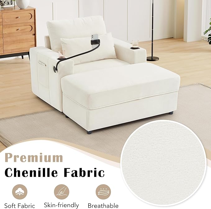42.5 Oversized Armchair with Ottoman Storage Overstuffed Chair and a Half with Cup Holders &amp USB Port Chenille Accent Chairs for Bedroom Living Room Reading Phone Holder Side Pocket (Beige)