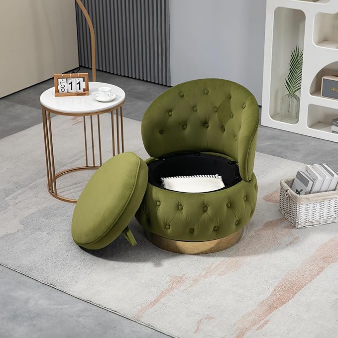 Modern Swivel Accent Barrel Chair with Storage Comfy Barrel Chair with Tufted Button and Cozy Cushion for Living Room Bedroom Office Velvet Gold Base Mid Backrest (Olive Green)