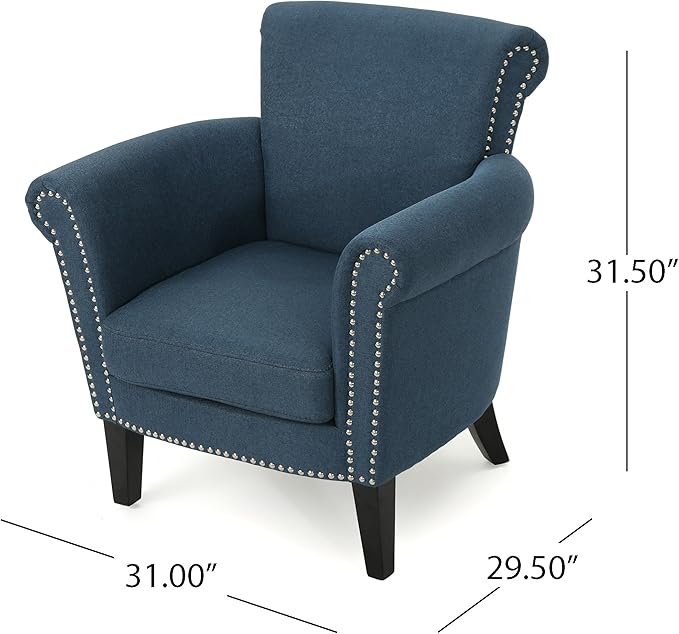 Christopher Knight Home Brice Vintage Scroll Arm Studded Fabric Club Chair Navy Blue / Dark Brown 31D x 29.5W x 31.5H in