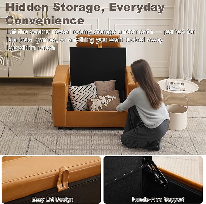 41.1 Accent Sofa Chair with Storage Faux Leather Living Room Chairs with Headrest and Side Pockets Mid Century Modern Arm Chair Upholstered Comfy Single Couch Reading Club Chairs Brown