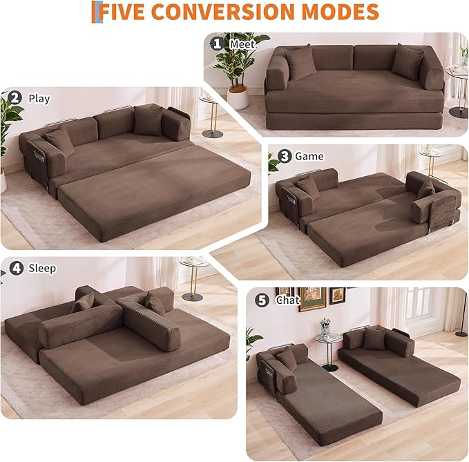 Garvee 5-in-1 Convertible Sofa Bed 78.8 Modular Corduroy Sleeper with Sturdy Frame &amp No Assembly Multi-Functional Futon for Small Space Living Room &amp Guest Room (Green) (Brown-A)