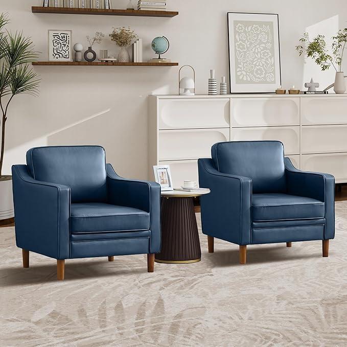 Kingfun Accent Chair Set of 2 Living Room Chairs Faux Leather Reading Armchair Mid Century with Solid Wood Foot Upholstered Modern Decor for Bedroom Apartment Blue