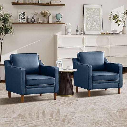 Kingfun Accent Chair Set of 2 Living Room Chairs Faux Leather Reading Armchair Mid Century with Solid Wood Foot Upholstered Modern Decor for Bedroom Apartment Blue
