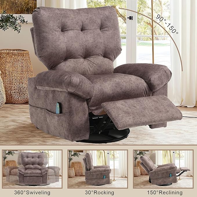 Rocker Recliner Chair for Adults Soft Lazy Boy Recliner Chair with Heat&amp Adjustable Backrest Footrest Oversized Massage Recliner Chair with Swivel and Side Pocket for Living Room Bedroom (Brown