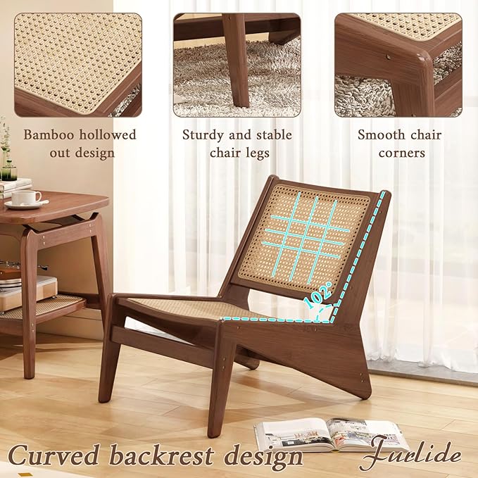 Mid-Century Accent Chair Rattan Lounge Chair for Living Room Boho Side Corner Comfy Chair for Bedroom and Balcony Walnut