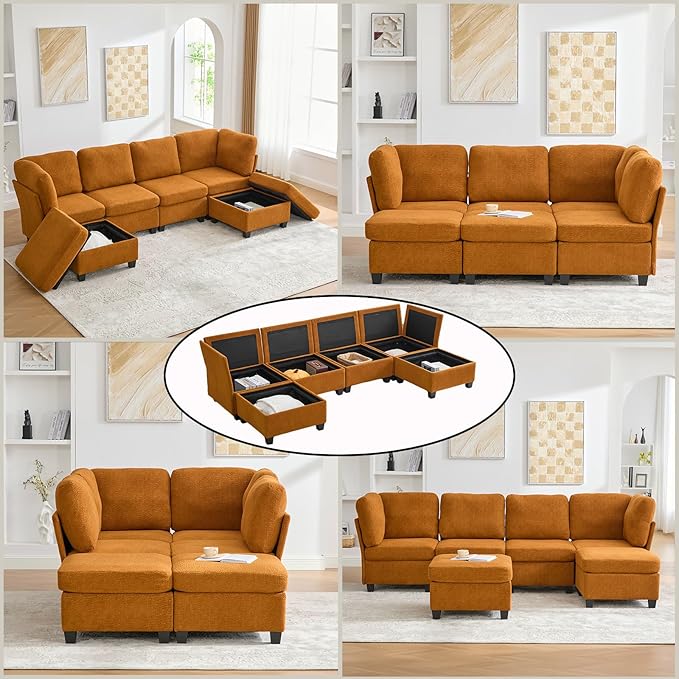 113 Modular Sectional Sofa Couch with Storage U Shaped 4 Seat Couches with Movable Ottoman Freely Combinable Deep Seat Sofa Upholstered Sectional Couches for Living Room Orange