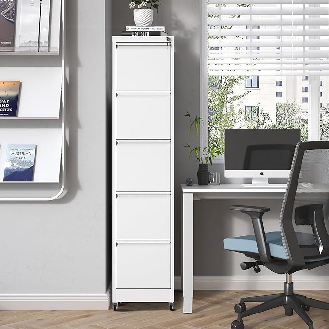 5 Drawer Mobile File Cabinet Metal Filing Cabinet with Lock and Wheels Home Office Rolling File Cabinets for Legal/Letter Hanging File Folders Un-Assembled (White)