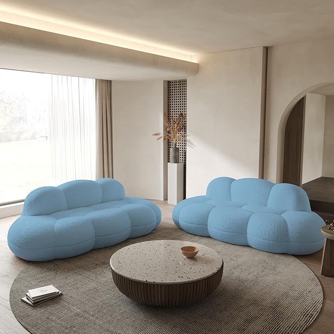 WJShome 90 Boucle Sofa Modern Curved Upholstered Cloud Couch Deep Seat LoveSeat 3 Seater Sofa Cozy Modern Boneless Sherpa Fleece Couches for Living Room Bedroom Apartment (Blue)