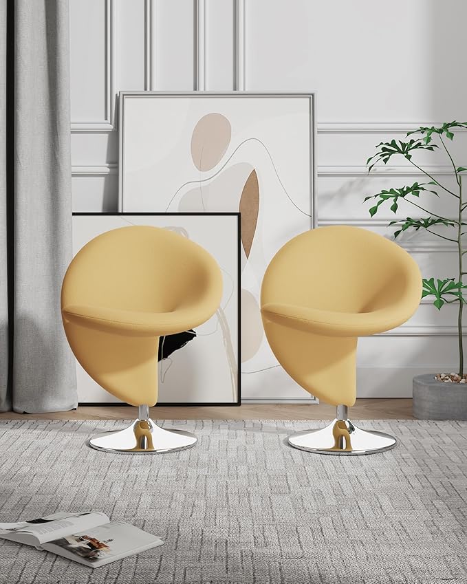 Manhattan Comfort Curl Swivel Accent Chair with 360° Turn Fully Assembled Upholstered in Wool Blend Modern Ergonomic Design with Polished Chrome Base Living Room &amp Office Set of 1 Yellow