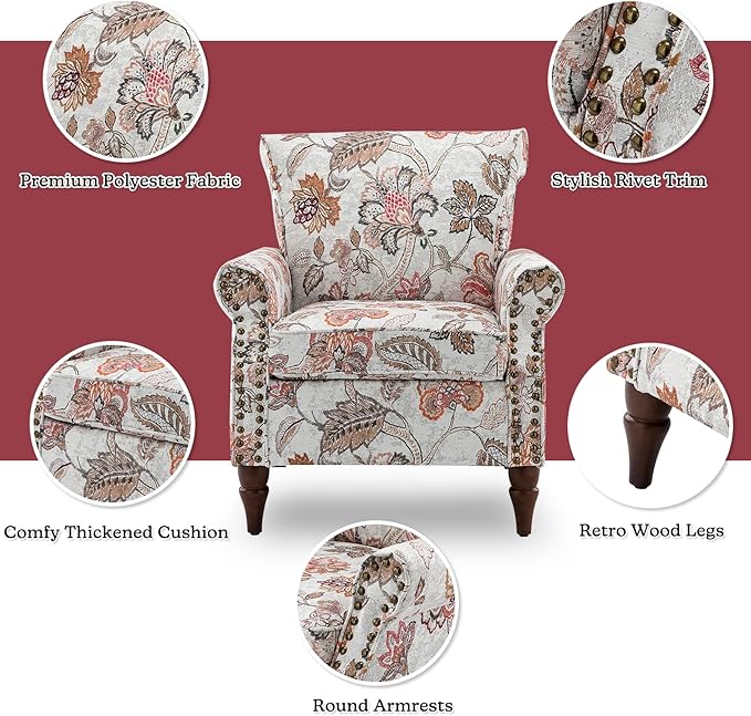 HULALA HOME Modern Wingback Accent Chair with Wood Legs &amp Removable Cushion Comfy Upholstered Armchair with Nailhead Trim Floral Pattern Single Sofa Chair for Living Room Bedroom Pink