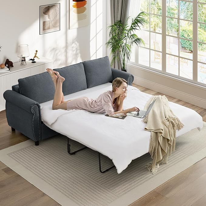 Pull Out Sofa Bed with Mattress Included Convertible Futon Oversized Chenille 3 Seater Loveseat Sleeper Sofa Couch Bed with Rivet Decoration &amp Rolled Arms for Guest Room Office Living Room Grey
