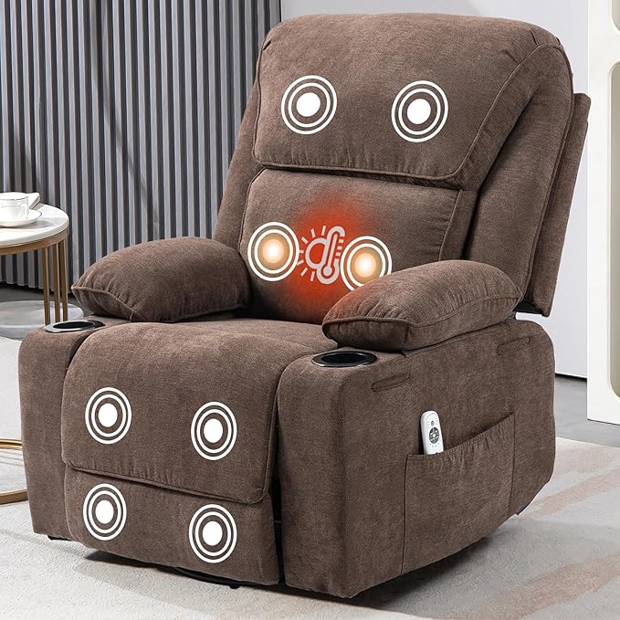 Rocker Recliner Chair with Massage and Heated 360°Swivel Rocking Manual Recliner Chairs with Cup Holders Remote Control for Living Room (Brown)
