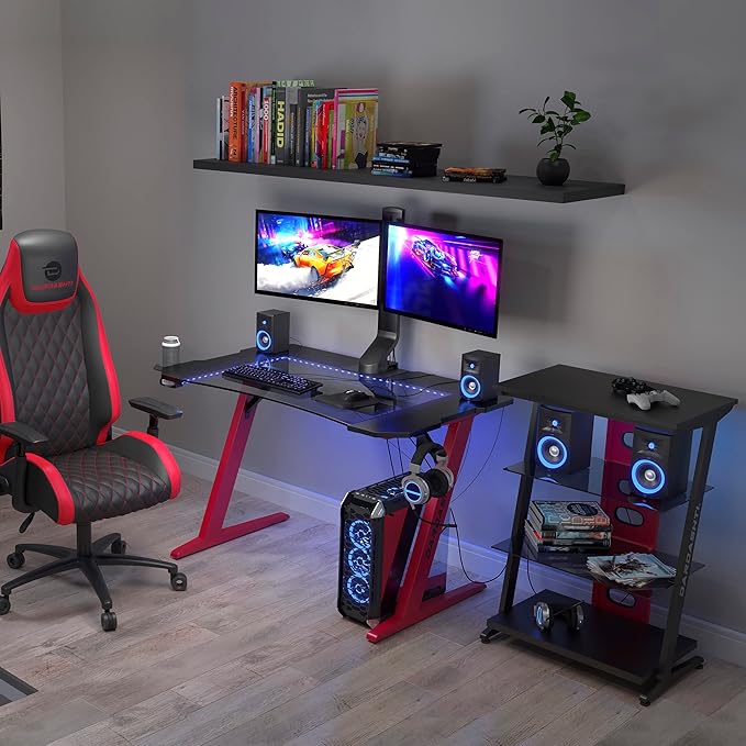 Dardashti Gaming Desk PC Computer Desk Home Office Desk Gaming Table Z Shaped Gamer Workstation with Cup Holder and Headphone Hook Z1-21 Red