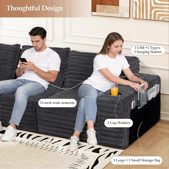 Cloud Boneless Sofa Oversized Modular Sectional L-Shape Sofa with Chaise High Backrest Corduroy Fabric Couch with USB Charging Ports Cup Holders &amp Pillows for Living Room (Light Grey)