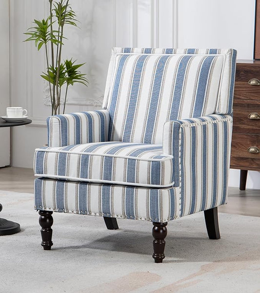 Vintage Upholstered Mid Century Accent Armchair with Solid Wood Frame &amp Plush Cushion for Living Room Bedroom Office - Navy &amp Ivory Stripes