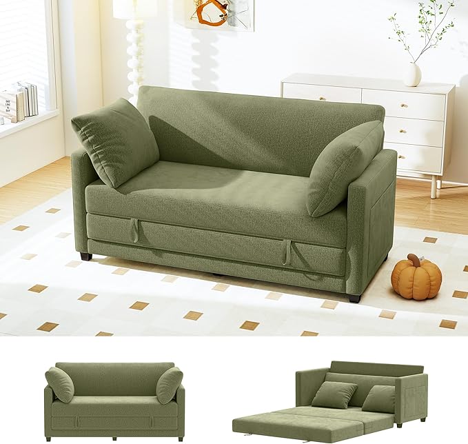 65 Convertible Loveseat Sofa Bed 2 in1 Folding Sofa Bed Loveseat Sleeper Sofa for Small Spaces Fold Out Floor Couch with 2 Pillows for Apartment Office &amp Guest Room (Green Chenille 65 inch)
