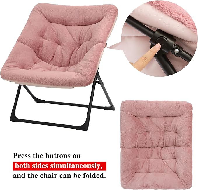 Comfy Saucer Chair for Adults Soft Faux Fur Bedroom Chair with Ottoman Accent Dorm Chairs Living Room Reading Chairs and Footstool Folding Seat for Teens X-Large Dusky Pink