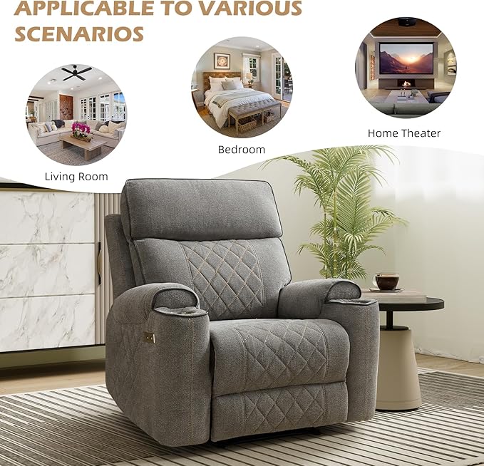 EBELLO Electric Recliner Chair Soft Fabric Power Reclining Chair with Cup Holders USB Charging Ports for Living Room Bedroom and Meeting Room Light Grey