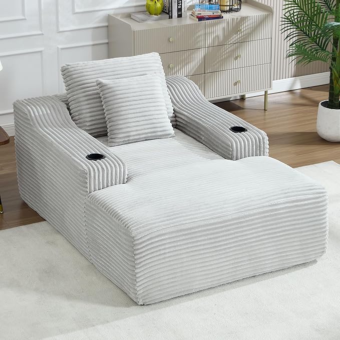 67inch Chaise Lounge Chair Indoor Upholstered Corduroy Couch with 2 PillowsComfy Fluffy Cloud CouchSingle Sleeper Sofa Chair for Livingroom (Light Gray 46.5W X 67D with Cup Holder)