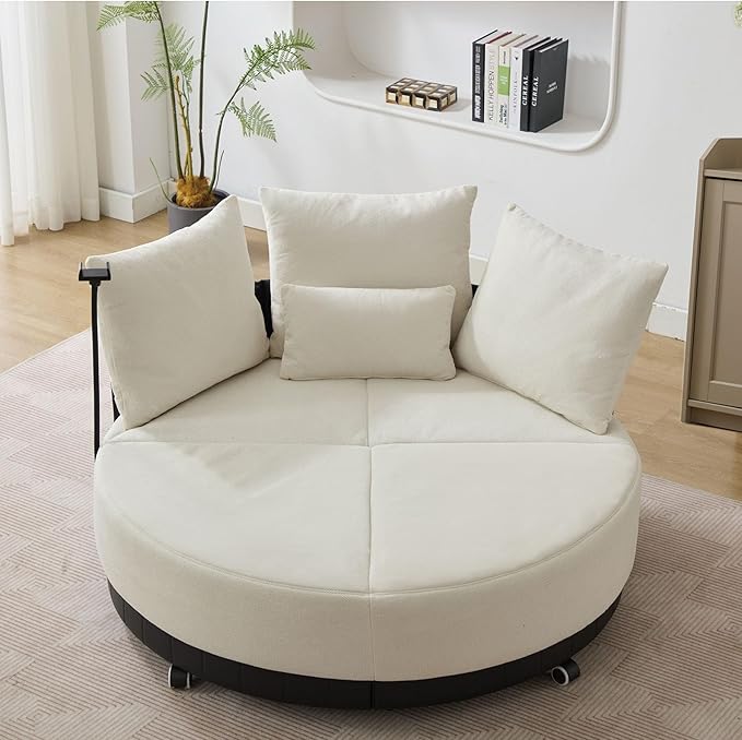 Anwick 52'' Oversized Round Swivel Chair360° Swivel Chair with Adjustable Phone Holder and 4 Pillows Upholstered Couples Chair with Rotating Pulley for Living Room Bedroom Lounge Hotel (Beige)