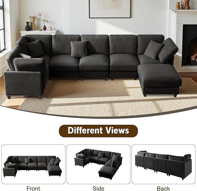 Modular Sectional Sofa Oversized Chenille Cloud Couch with Movable Ottoman 7 Seater Cloud Sectional Couch Convertible L/U-Shape and Sofa Bed Couches for Living Room Black