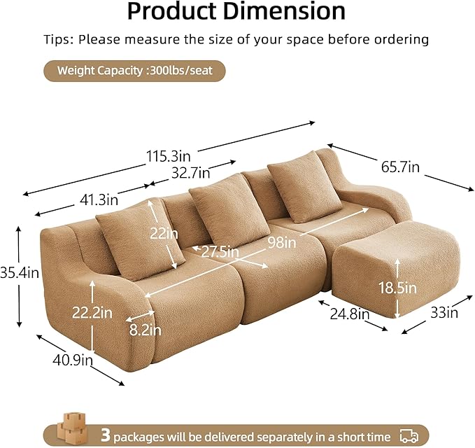 115.3'' Modular Sectional Sofa Boneless Couch L Shaped Sectional Couches for Living Room with Deep Seat and Ottoman Oversized 3-Seater Teddy Cloud Couch Sofa Set No Assembly Required Camel