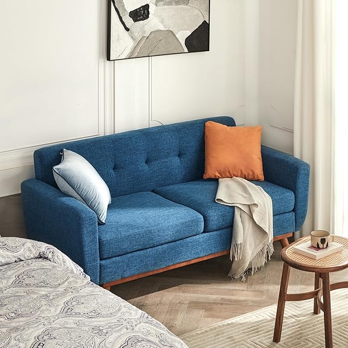 Kingfun Loveseat and Sofa Sets Mid Century Modern Linen Love Seat Couches for Living Room Button Tufted Upholstered Furniture Easy to Install Small Couch for Bedroom Office Apartment Blue