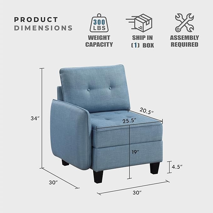 Lexicon Modern Modular One Arm Side Chair with Hidden Storage Textured Fabric Chair with Button-Tufted Design Reversible Back Cushion for Living Room/Bedroom/Office Blue