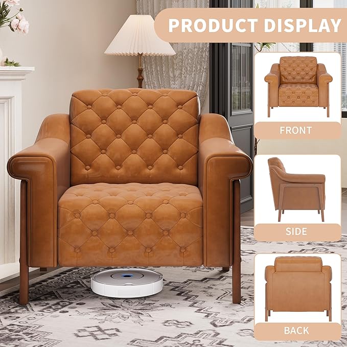 EJUNQ Cozy Accent ChairPU Leather Modern Living Room ChairsMid-Century Office Reading ChairSingle SofaArmchair for Bedroom Apartment Waiting Room(Brown1)