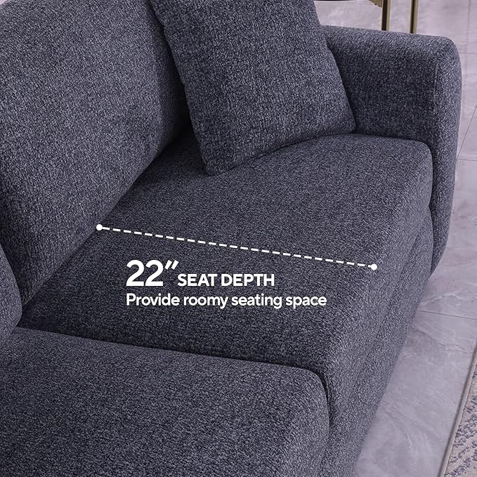 Modern Gray Chenille Fabric Sofa 86.2 L x 35.4 W x 33.8 H 3-Seater with Deep Seats and Wide Armrests
