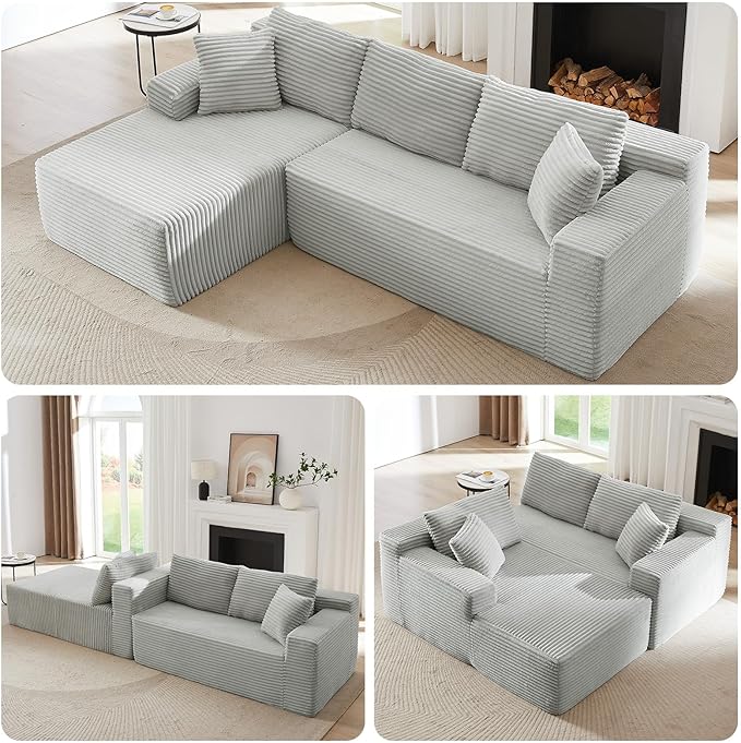 104 Boneless Sectional Couches L Shaped Couch with Deep Seat for Living Room Apartment Corduroy Memory Foam Couch with Comfy Pillows (Light Grey Left Chaise)