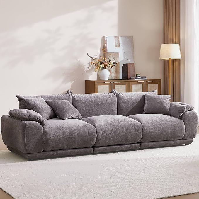 SICOTAS 102 Modular Sofa for Living Room - Cloud Sectional Sofa with Deep Seat &amp Removable Cover Modern 3-Seat Chenille Couch Sofas Set for Apartment Grey