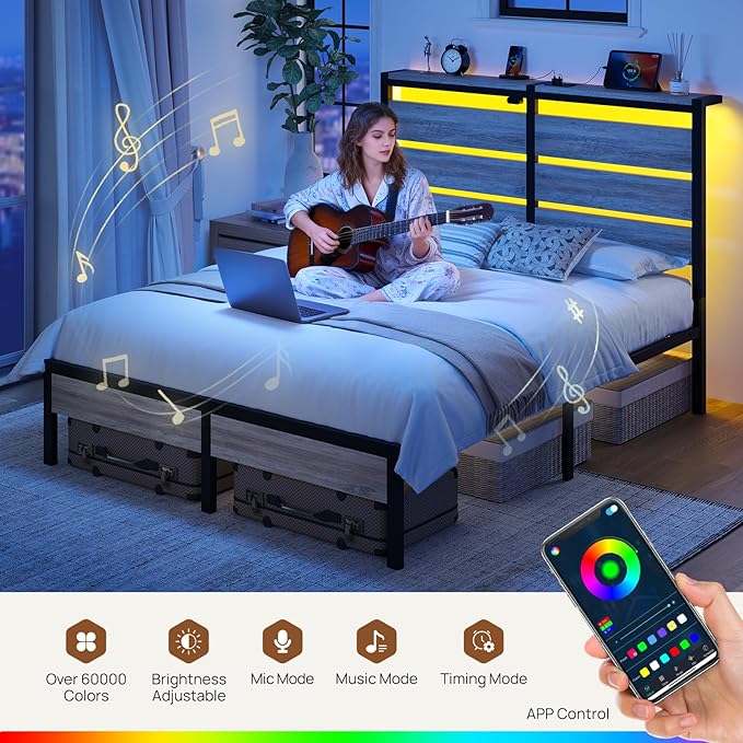 Rolanstar Queen Bed Frame with LED Lights and Charging Station Wood Storage Headboard and Under Bed Storage Metal Platform Noise Free No Box Spring Needed Grey