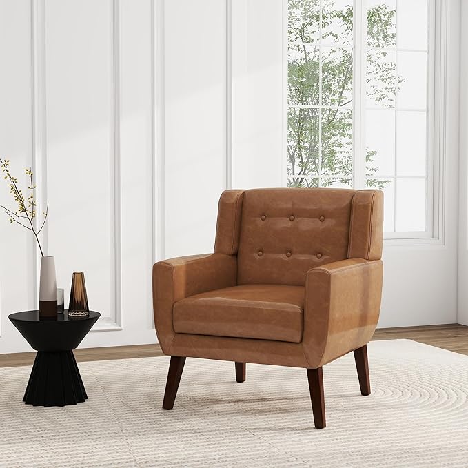 UIXE Faux Leather Accent Chairs Set of 4 Modern Arm Club Chair Upholstered Armchair for Living Room Comfy Single Sofa Seats Button Tufted Reading Seating Brown