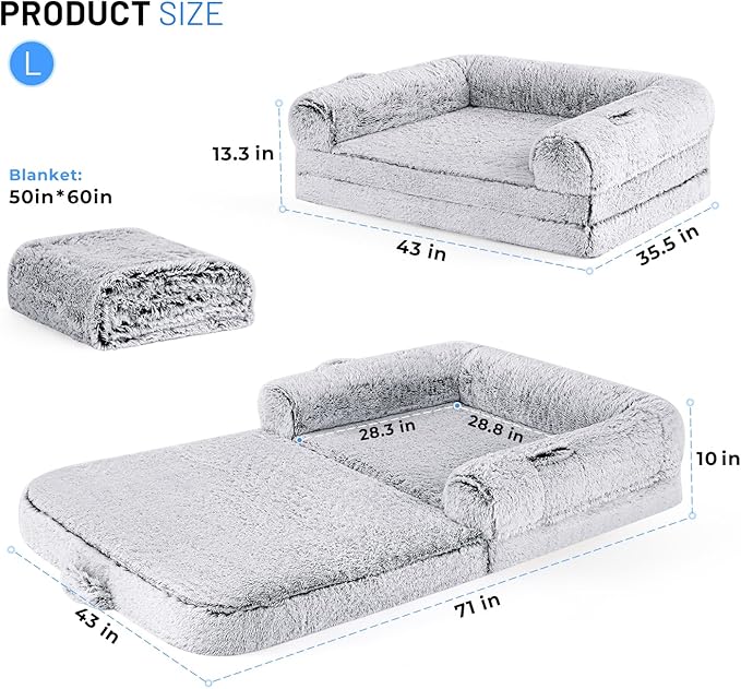 Human Dog Bed for Adult 2 in 1 Foldable Giant Dog Bed for People Fits Pet Families Egg Foam Supportive Mat Waterproof Liner Faux Fur Human Size Pet Bed with Blanket 71x43x10 Grey