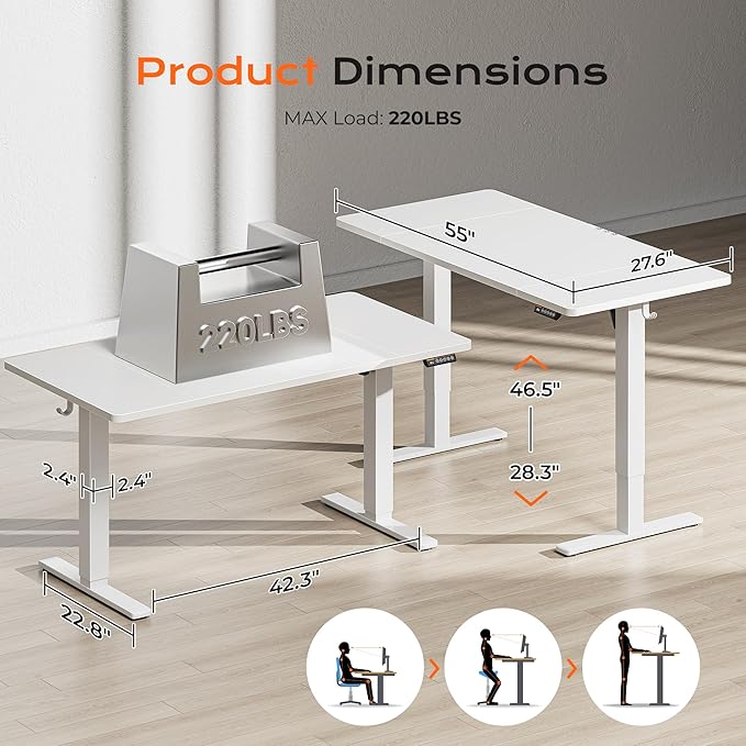 Huuger 55 x 28 Large Electric Standing Desk Height Adjustable Copmuter Desk 27.6 Deep Desktop Stand up Gaming Office Table with 2 Hooks 3 Preset Heights for Home Office White