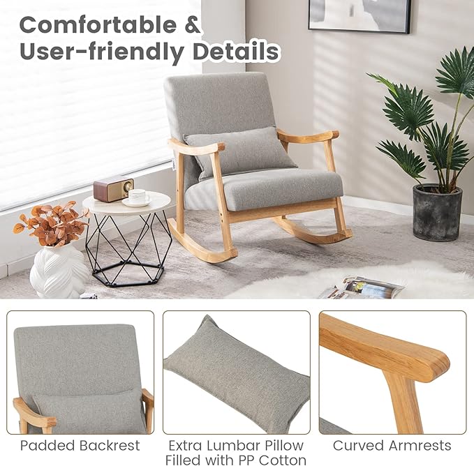 Giantex Upholstered Rocking Chair Set of 2 - Modern Rocker with Rubber Wood Frame Comfy Backrest &amp Seat PP Padded Pillow Single Rocking Chair for Living Room Nursery Bedroom Lounge Office
