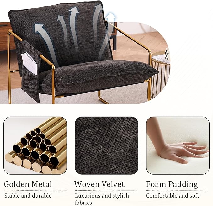 Modern Accent Chair Set of 6 Comfy Reading Armchair with Backrest and Metal Frame Upholstered Living Room Chairs for Bedroom/Office (Dark Gray Gold Legs Set of 6)