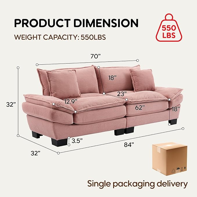 Modern 84 Corduroy Loveseat Sofa Ultra-Comfy Couch with 2 Pillows for Apartment Living Room Bedroom Home Office (Pink)