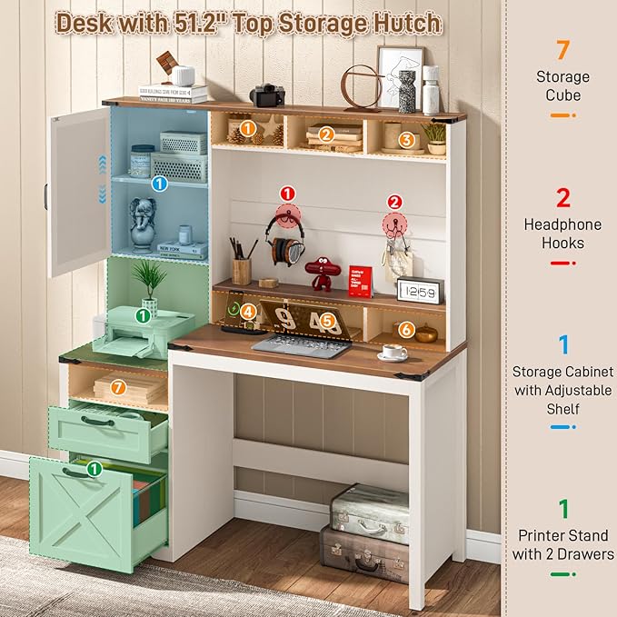 Vabches 51 Executive Desk Farmhouse Home Office Desk with Charging Station File Drawer Storage Cabinet Monitor Stand Wood Computer Desk with Hutch for Work Study Writing (White)