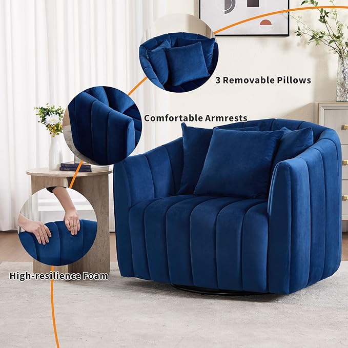 Mlmh &amp Kngwa 40.35 W Swivel Accent Chairs Set of 2 Oversized 360 Degree Swivel Barrel Chair with 3 Pillows Velvet Armchair for Living Room Bedroom Navy