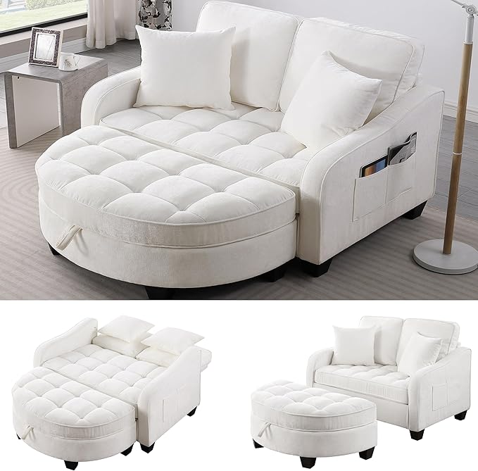 ERYE Chenille Tufted Loveseat Sofa and Ottoman Set Tufted Recliner Sleeper Chaise Lounge with Curved Storage OttomanReclining Backrest and Side Pockets 4 Pillows